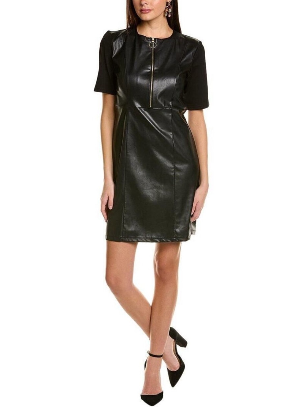 Nanette Lepore Black Faux Leather Midi Dress with Front Zip